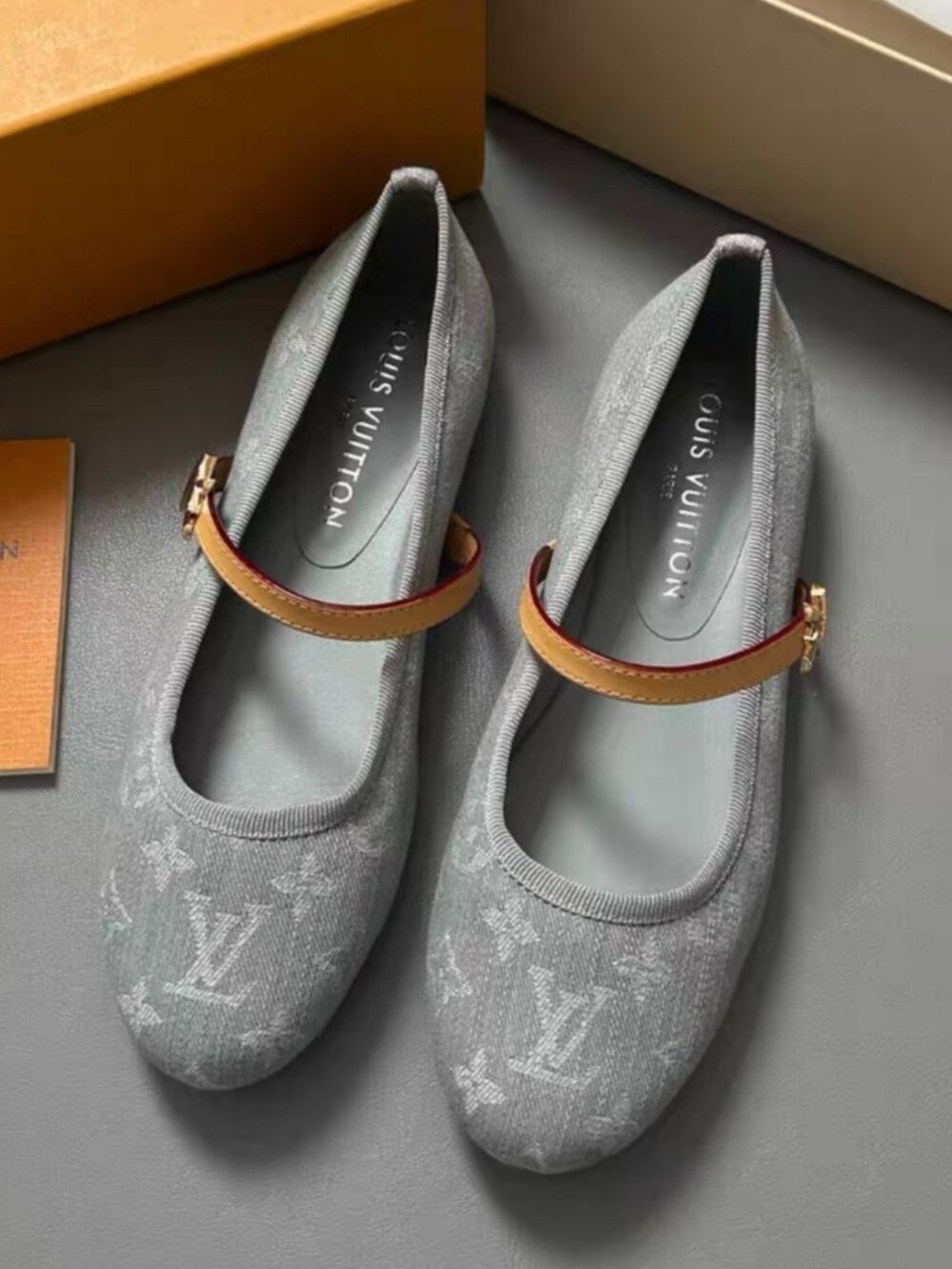 Louis Vuitton Cute Round Toe Mary Jane Ballet Flats Grey Patterned